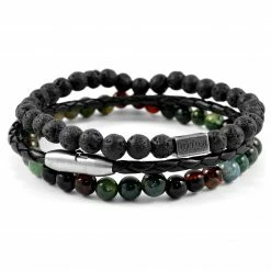 Lucleon Green Natural Stone & Black Lava Rock & Leather Cord Bracelet Set