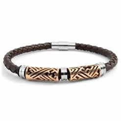 Lucleon Dark Brown Braided Leather & Rose Gold-Tone Stainless Steel Bracelet
