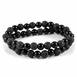 Fort Tempus Black Lava Rock & Agate Pearl Bracelet Set