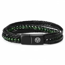 Lucleon Naxos | Black Braided Leather & Green Tiger's Eye Bracelet