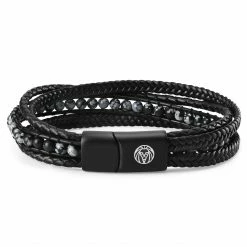Lucleon Naxos | Black Braided Leather & Snowflake Obsidian Bracelet