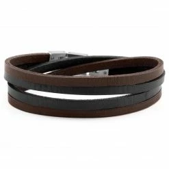 Lucleon Dark Leather & Stainless Steel Double Wrap Bracelet