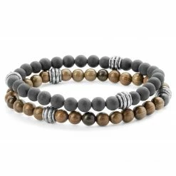 Waykins Wave | Silver-Tone Light Grey and Wooden Bracelet Set