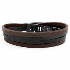 Lucleon Roy | Black & Dark Leather & Stainless Steel Double Strap Bracelet