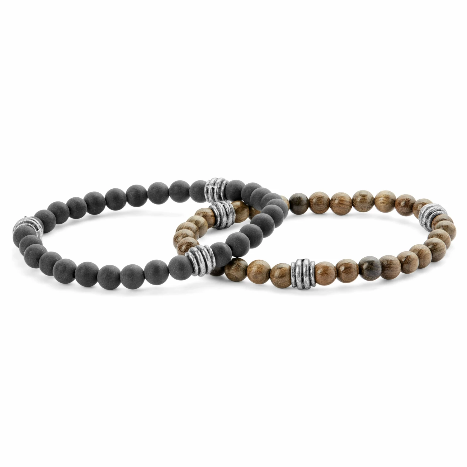 Waykins Wave | Silver-Tone Light Grey and Wooden Bracelet Set 2 Waykins Wave | Silver-Tone Light Grey and Wooden Bracelet Set - Image 2