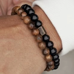 Lucleon Black Onyx & Pear Tree Wooden Bracelet Set -MEN'S BRACELETS Sales Store 9060bestsell