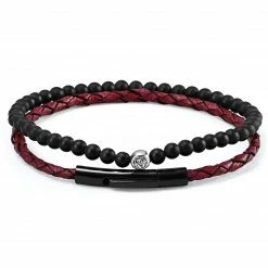 Lucleon Bordeaux Leather & Black Natural Stone Bracelet Set