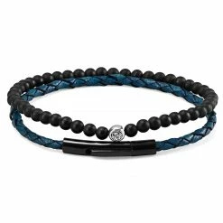 Lucleon Navy Blue Leather & Black Stone Bracelet Set