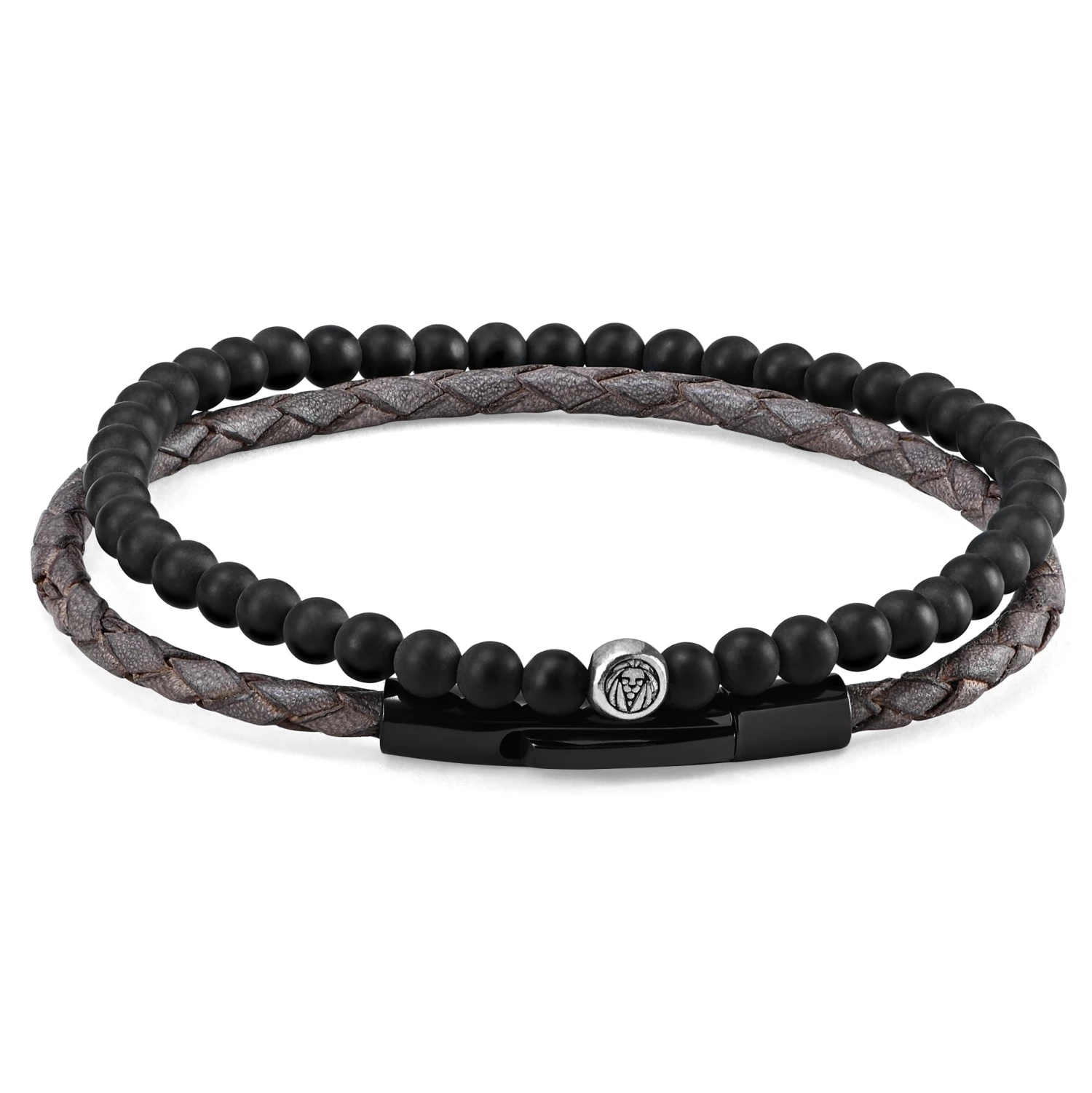Lucleon Grey Leather & Matte Black Stone Bracelet Set 1 Lucleon Grey Leather & Matte Black Stone Bracelet Set