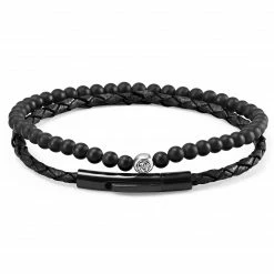 Lucleon All Black Leather & Natural Stone Bracelet Set