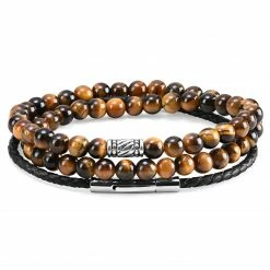 Neshraw Tiger's Eye & Black Leather Bracelet Set