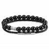 Neshraw Black Natural Stone & Braided Leather Band Bracelet Set