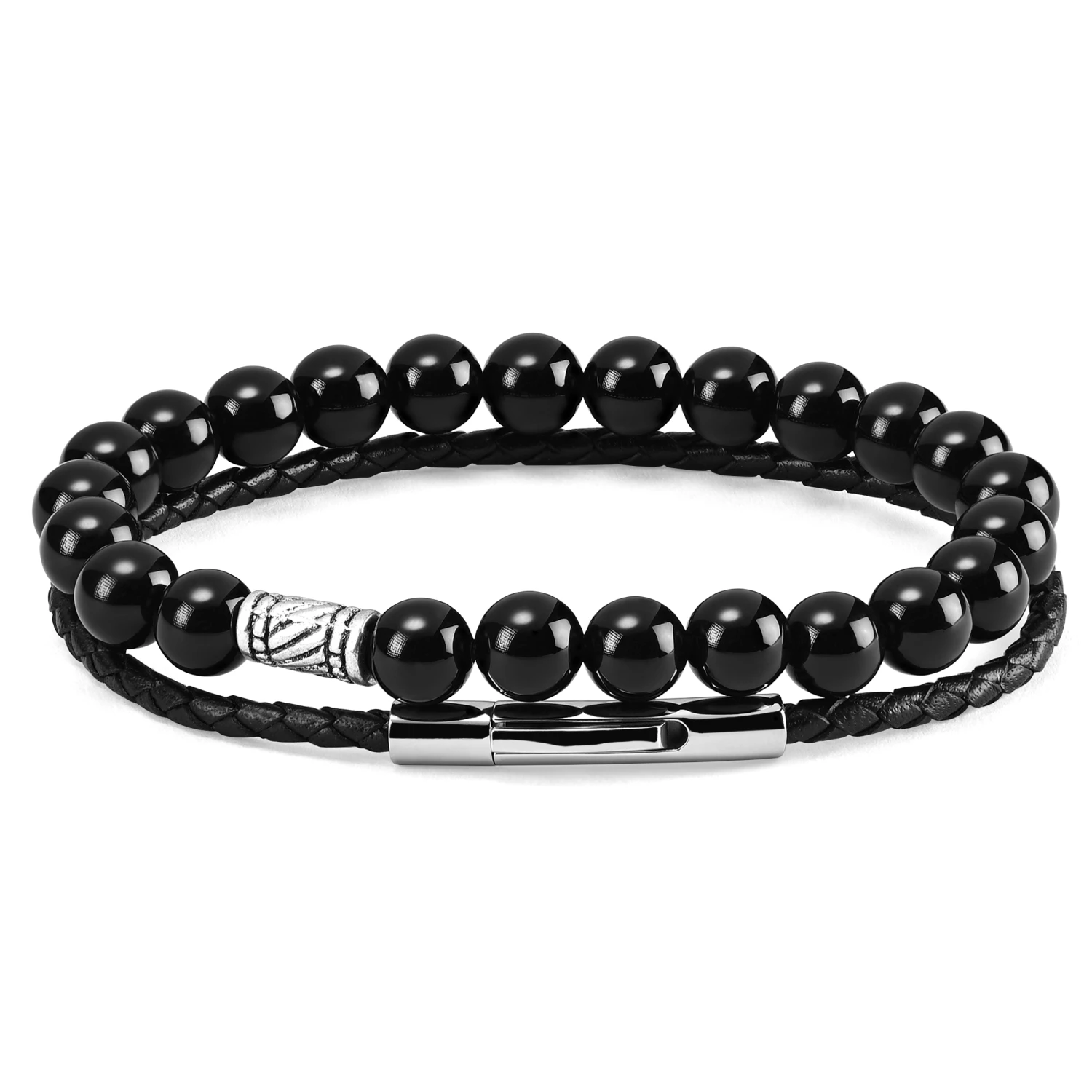 Neshraw Black Natural Stone & Braided Leather Band Bracelet Set 1 Neshraw Black Natural Stone & Braided Leather Band Bracelet Set