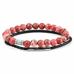 Neshraw Soft Red Agate & Braided Leather Band Bracelet Set