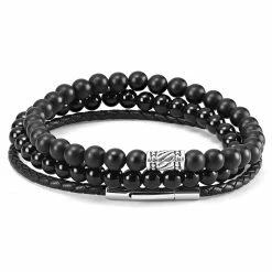 Neshraw Black Natural Stone & Leather Bracelet Set