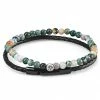 Lucleon Black Leather & Green-Tone Stone Bracelet Set