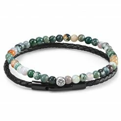 Lucleon Black Leather & Green-Tone Stone Bracelet Set