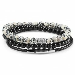 Neshraw Black & White Natural Stone & Leather Bracelet Set