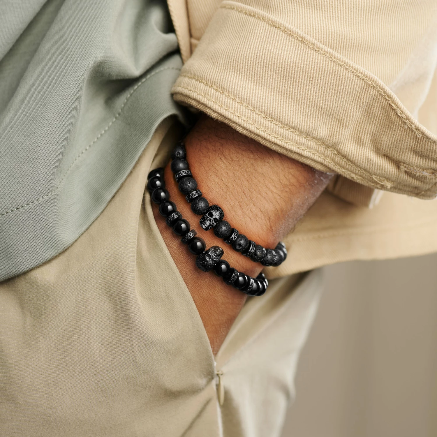 Arkai Rico | All Black Lava Rock & Onyx Skull Bracelet Set 2 Arkai Rico | All Black Lava Rock & Onyx Skull Bracelet Set - Image 2