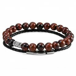 Neshraw Brown Natural Stone & Braided Leather Band Bracelet Set
