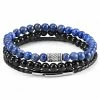Neshraw Blue & Black Natural Stone & Leather Bracelet Set