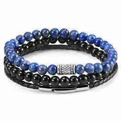Neshraw Blue & Black Natural Stone & Leather Bracelet Set