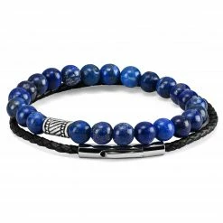 Neshraw Blue Marble & Braided Leather Band Bracelet Set
