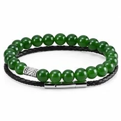 Neshraw Jade-Coloured Natural Stone & Braided Leather Band Bracelet Set