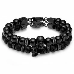 Arkai Rico | All Black Lava Rock & Onyx Skull Bracelet Set