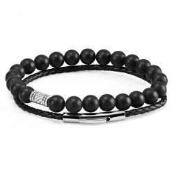 Neshraw Matte Black Stone & Braided Leather Band Bracelet Set