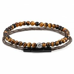 Lucleon Grey Leather & Tiger's Eye Bracelet Set