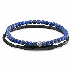 Lucleon Black Leather & Marine Blue Stone Bracelet Set