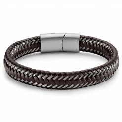 Lucleon Brown Leather & Stainless Steel Braided Bracelet