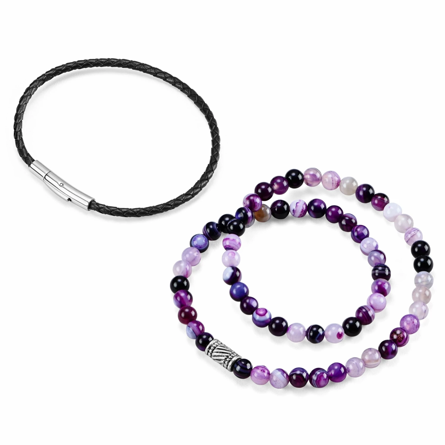 Neshraw Violet Natural Stone & Black Leather Bracelet Set 2 Neshraw Violet Natural Stone & Black Leather Bracelet Set - Image 2