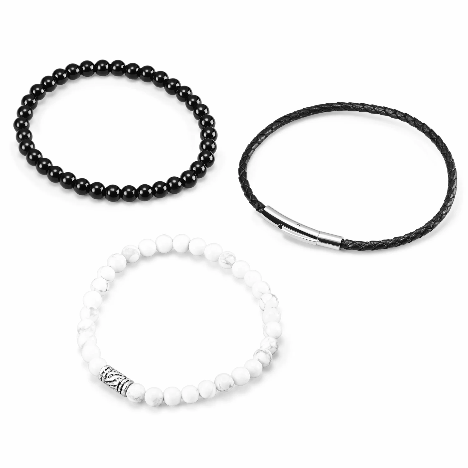 Neshraw Black & White Agate & Leather Cord Bracelet Set 2 Neshraw Black & White Agate & Leather Cord Bracelet Set - Image 2