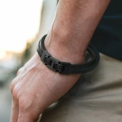 Lucleon Roy | Black & Dark Leather & Steel Single Strap Bracelet -MEN'S BRACELETS Sales Store black black roy single wrap bracelet 2