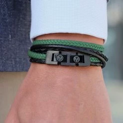 Lucleon Roy | Black & Green Leather & Stainless Steel Wrap Bracelet -MEN'S BRACELETS Sales Store black green roy leather bracelet 1