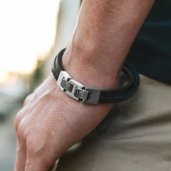 Lucleon Black Leather & Steel Single Strap Bracelet -MEN'S BRACELETS Sales Store black steel roy single wrap bracelet
