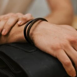 Lucleon Roy | Dark & Black Leather & Steel Single Strap Bracelet -MEN'S BRACELETS Sales Store black bracelet 1