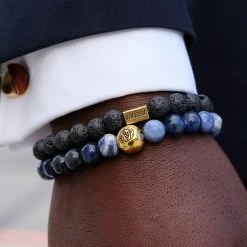 Lucleon Miro | Black Lava Rock & Blue Agate Bracelet Set -MEN'S BRACELETS Sales Store blue agate and lava bracelet