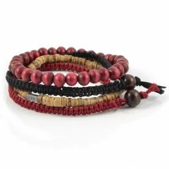 Lucleon Red, Brown & Black With Wood, Coconut & Cotton Bracelet Set