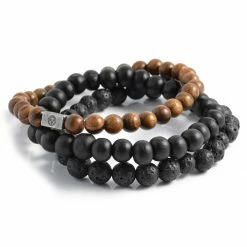 Lucleon Black Lava Rock & Natural Wooden Bracelet Set