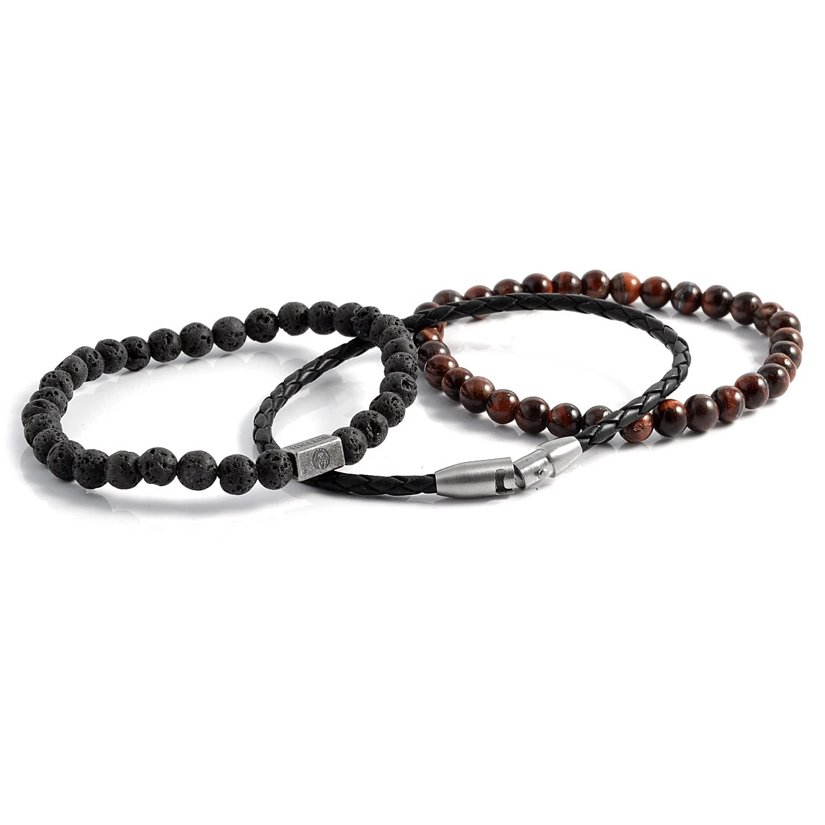 Lucleon Red Tiger's Eye & Black Lava Rock & Leather Cord Bracelet Set 2 Lucleon Red Tiger's Eye & Black Lava Rock & Leather Cord Bracelet Set - Image 2