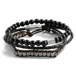 Lucleon Black Natural Stone, Leather & Steel Bracelet Set