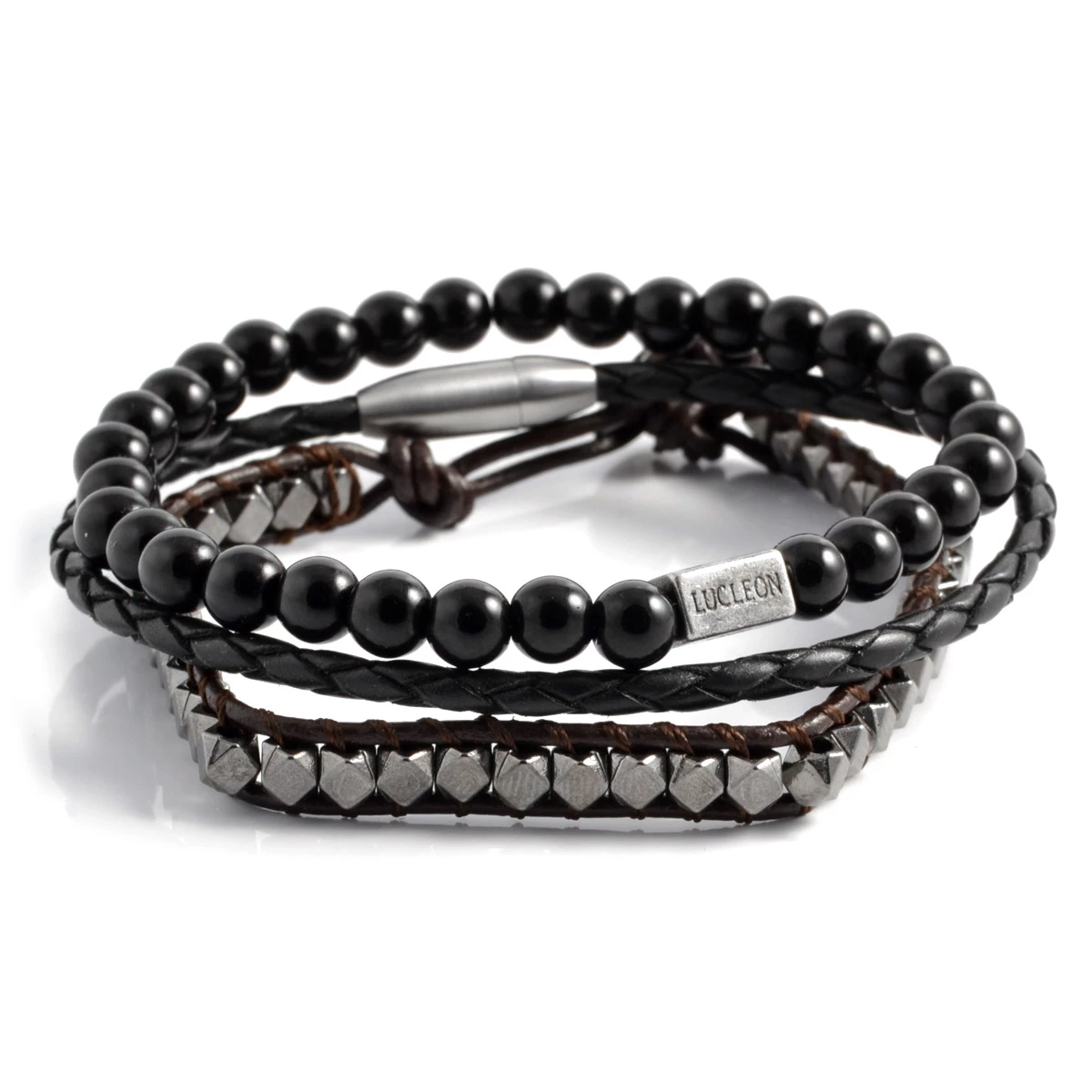 Lucleon Black Natural Stone, Leather & Steel Bracelet Set 1 Lucleon Black Natural Stone, Leather & Steel Bracelet Set