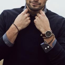 Neshraw Tiger's Eye & Black Leather Bracelet Set -MEN'S BRACELETS Sales Store bracelets for men inspiration leather pearls 1