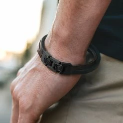 Lucleon Roy | Dark & Black Leather & Steel Single Strap Bracelet -MEN'S BRACELETS Sales Store brown black roy single wrap bracelet 1