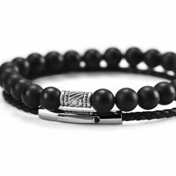 Neshraw Matte Black Stone & Braided Leather Band Bracelet Set -MEN'S BRACELETS Sales Store cbuykghj