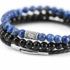 Neshraw Blue & Black Natural Stone & Leather Bracelet Set -MEN'S BRACELETS Sales Store ccguvkgjbjh