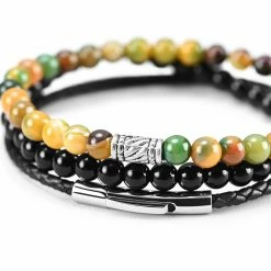 Neshraw Black & Striped Agate & Leather Bracelet Set -MEN'S BRACELETS Sales Store cfhjuhuh